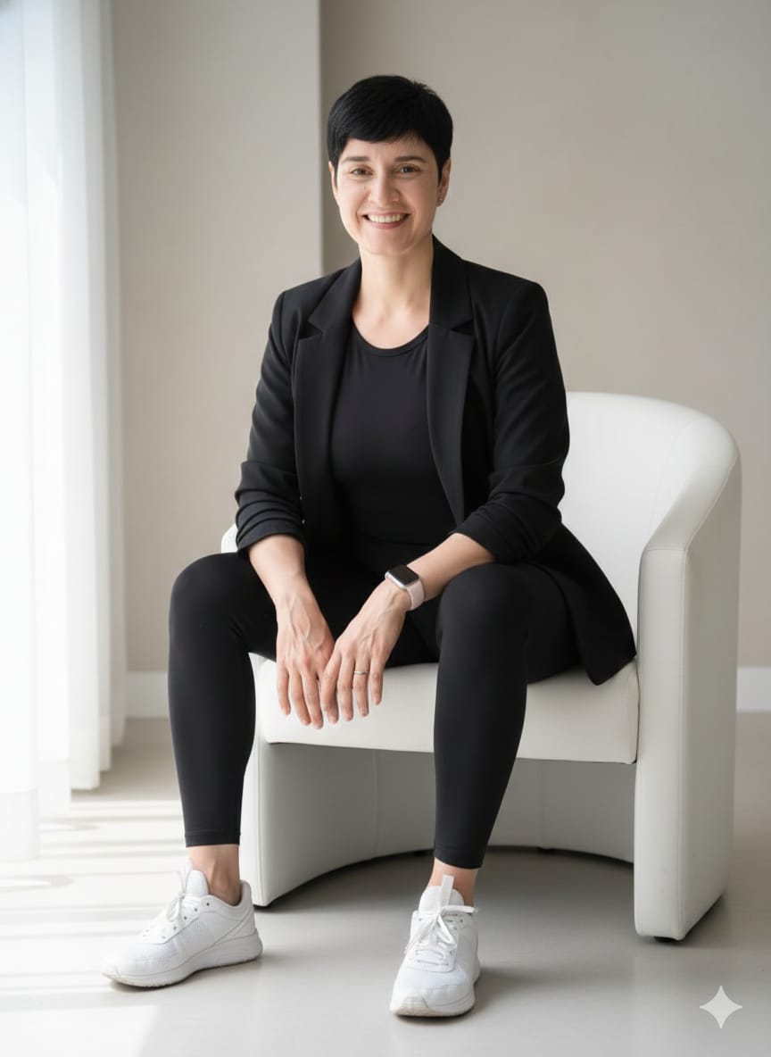 Carol Lima sentada, sorrindo, usando blazer preto e roupa esportiva